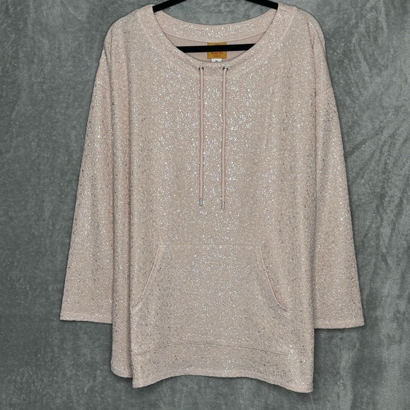 Ruby Rd 2X Shirt Top Pink Solid Long Sleeve Scoop neck Pocket Metallic Stretch - Picture 1 of 6